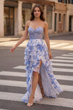 Blue Sweetheart A Line Floral Chiffon Ruffled Formal Prom Dresses With Appliques