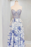 Blue Sweetheart A Line Floral Chiffon Ruffled Formal Prom Dresses With Appliques