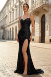Dark Green Spaghetti Straps Sequins Mermaid Long Formal Prom Dresses With Slit