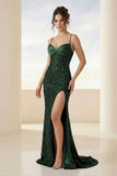 Dark Green Spaghetti Straps Sequins Mermaid Long Formal Prom Dresses With Slit