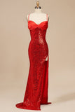Dark Green Spaghetti Straps Sequins Mermaid Long Formal Prom Dresses With Slit