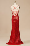 Dark Green Spaghetti Straps Sequins Mermaid Long Formal Prom Dresses With Slit