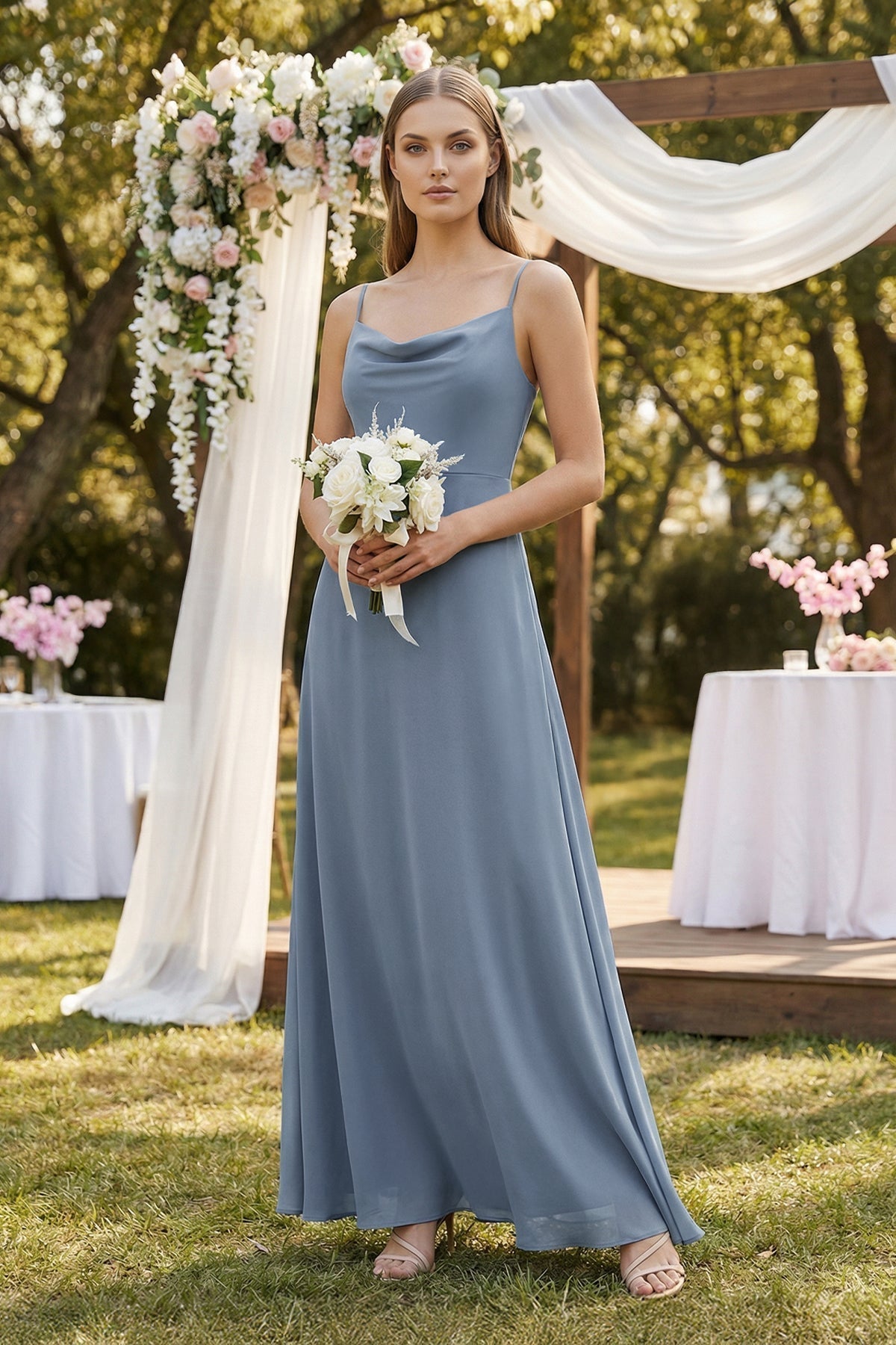 Cami Strap A-Line Chiffon Bridesmaid Dress in Neptune