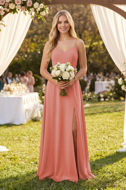 Cami Strap A-Line Chiffon Bridesmaid Dress with Slit in Mulberry
