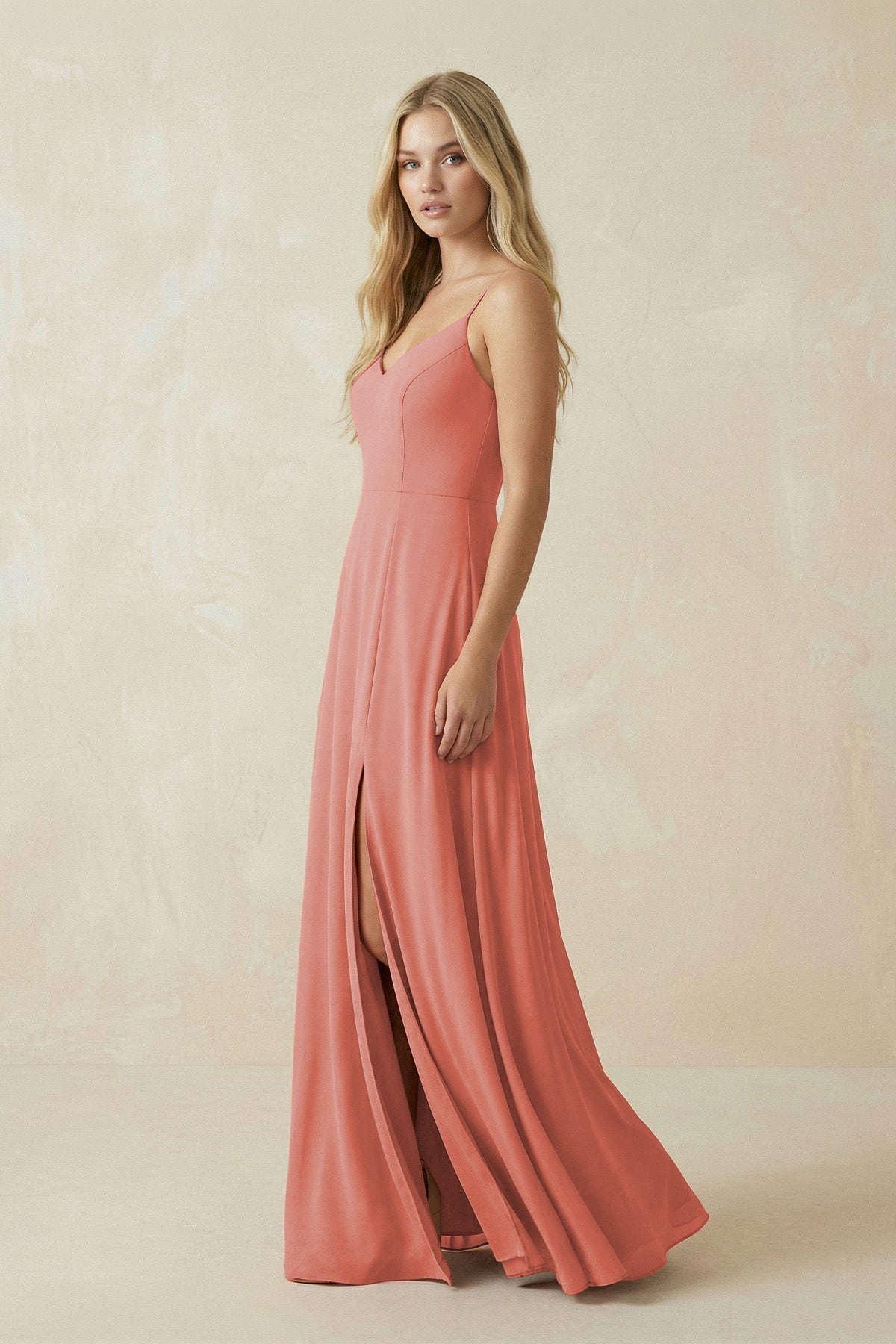 Cami Strap A-Line Chiffon Bridesmaid Dress with Slit in Mulberry