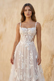 Cami Strap A-Line Corset Lace Wedding Dress in Ivory and Blush