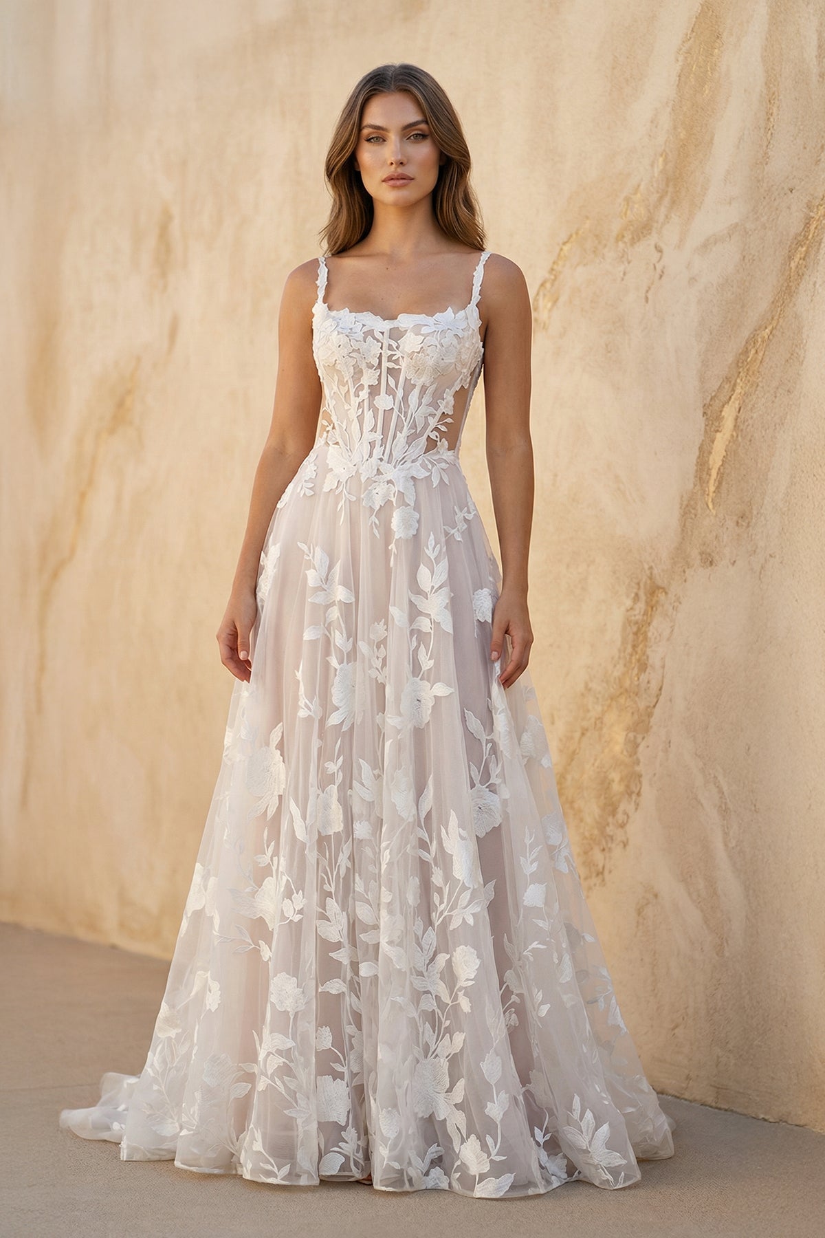 Cami Strap A-Line Corset Lace Wedding Dress in Ivory and Blush