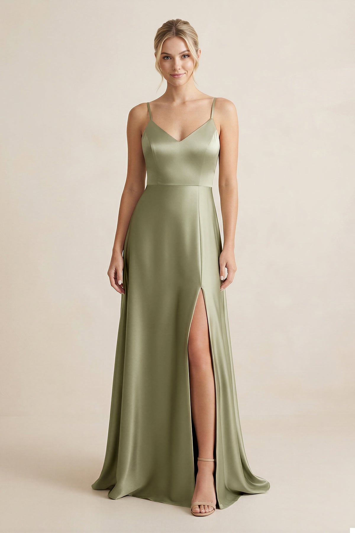 Cami Strap A-Line Shiny Satin Bridesmaid Dress in Thyme