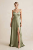 Cami Strap A-Line Shiny Satin Bridesmaid Dress in Thyme