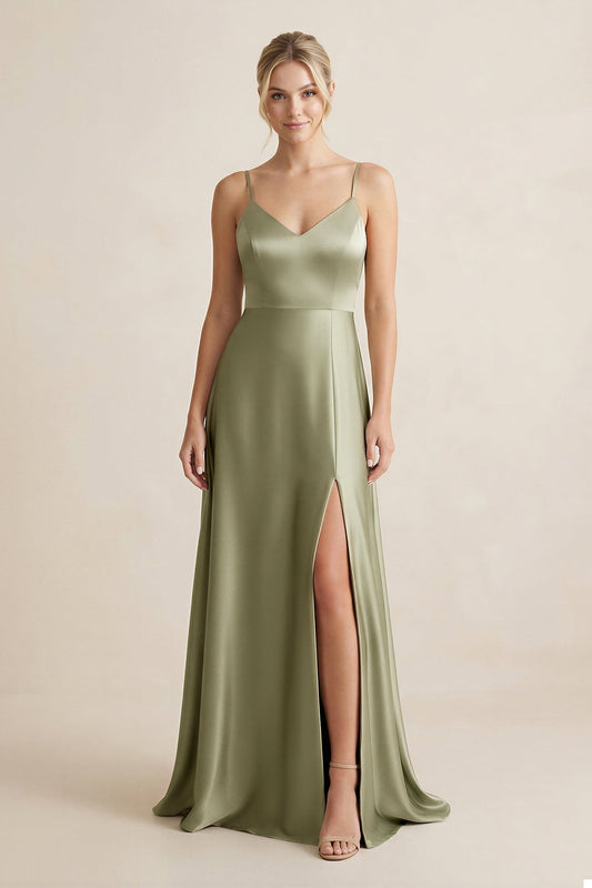 Cami Strap A-Line Shiny Satin Bridesmaid Dress in Thyme