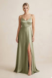 Cami Strap A-Line Shiny Satin Bridesmaid Dress in Thyme