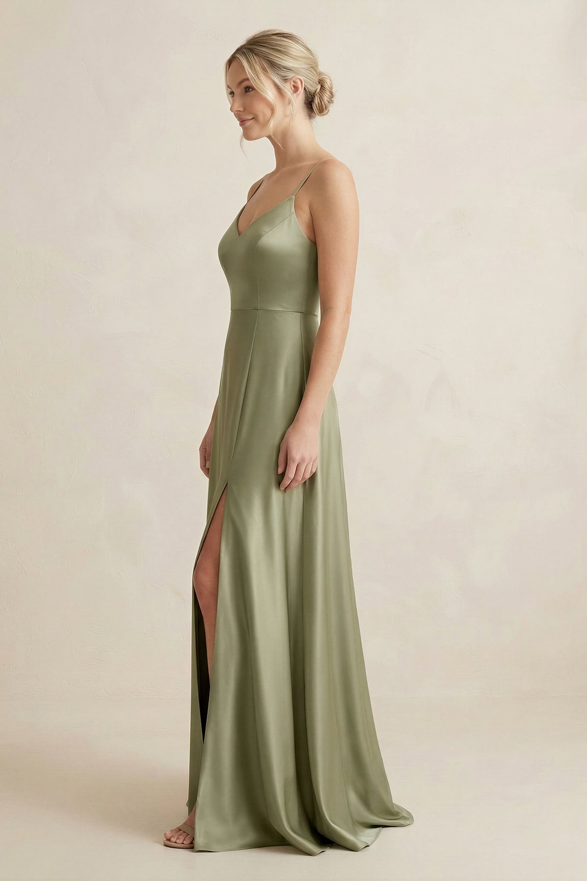 Cami Strap A-Line Shiny Satin Bridesmaid Dress in Thyme
