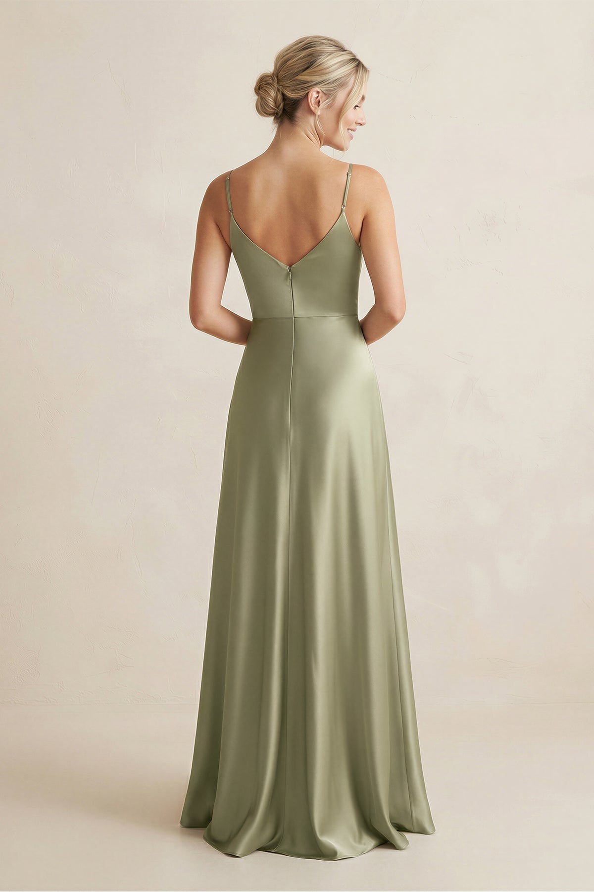 Cami Strap A-Line Shiny Satin Bridesmaid Dress in Thyme