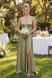 Cami Strap A-Line Shiny Satin Bridesmaid Dress in Thyme
