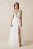 A Line V Neck Straps Tulle Split Wedding Dress/Bridal Gown with Lace
