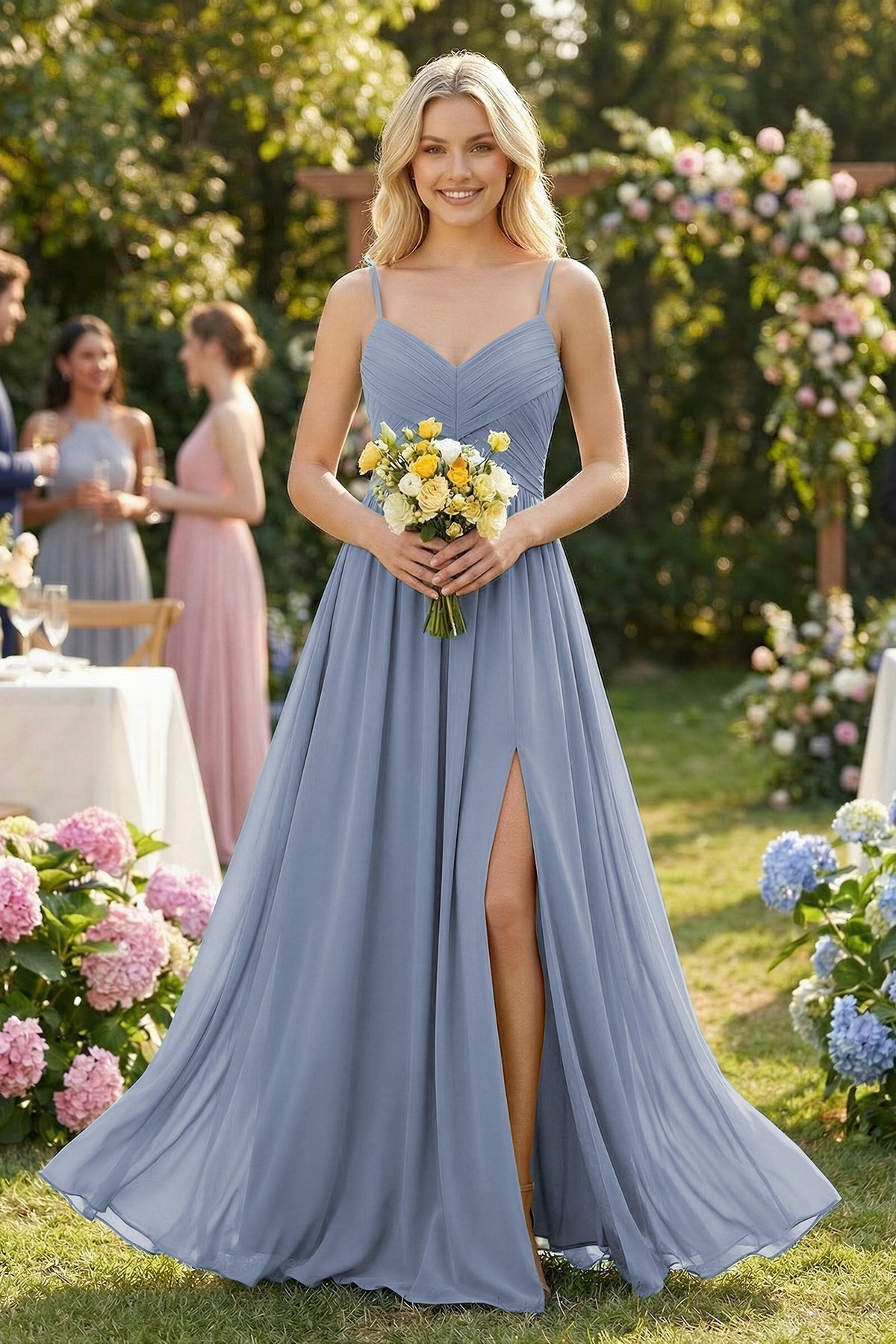 Cami Strap Chiffon A-Line Bridesmaid Dress with Slit in Twilight