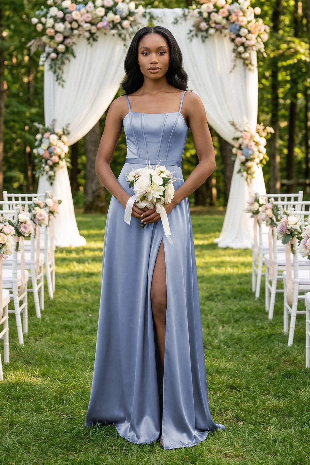 Cami Strap Corset Satin Sheath Bridesmaid Dress in Mist