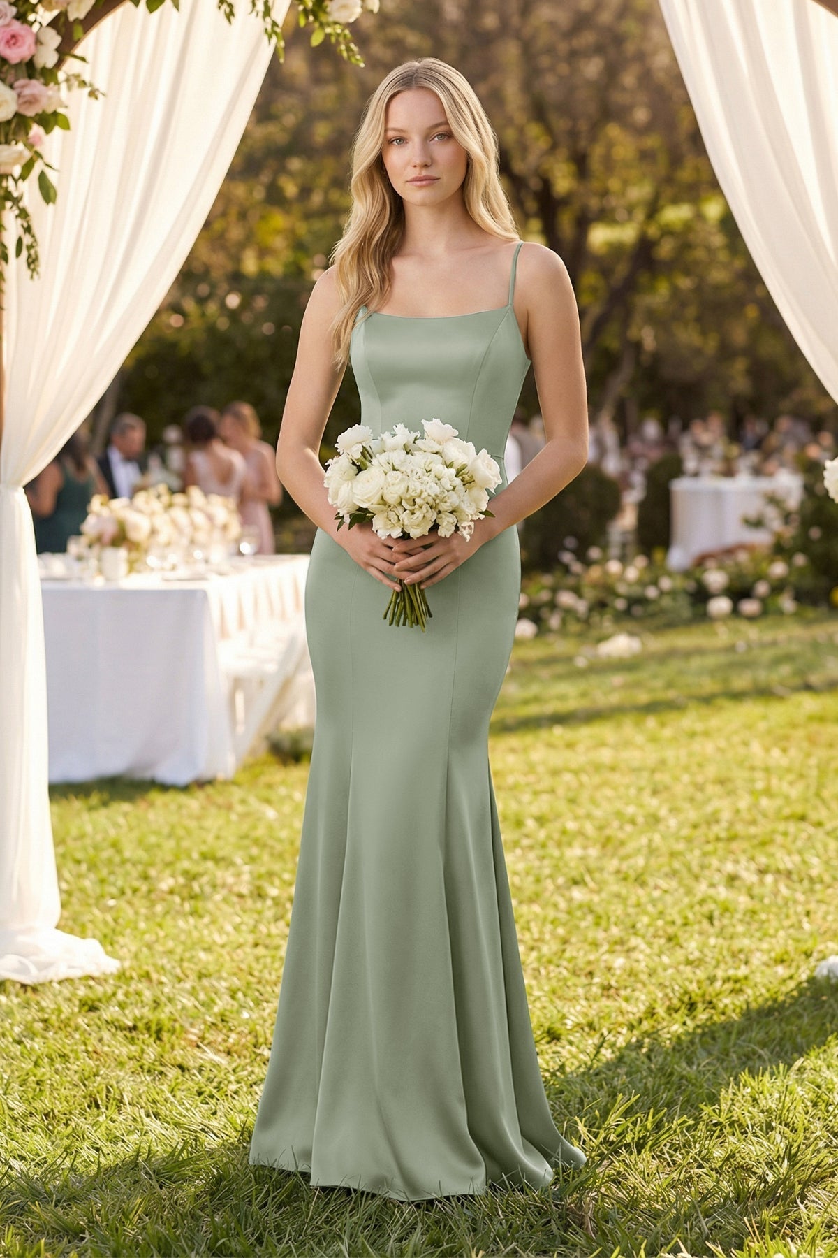 Cami Strap Ruffled Satin Bridesmaid Dress With Bow in Dove Gray