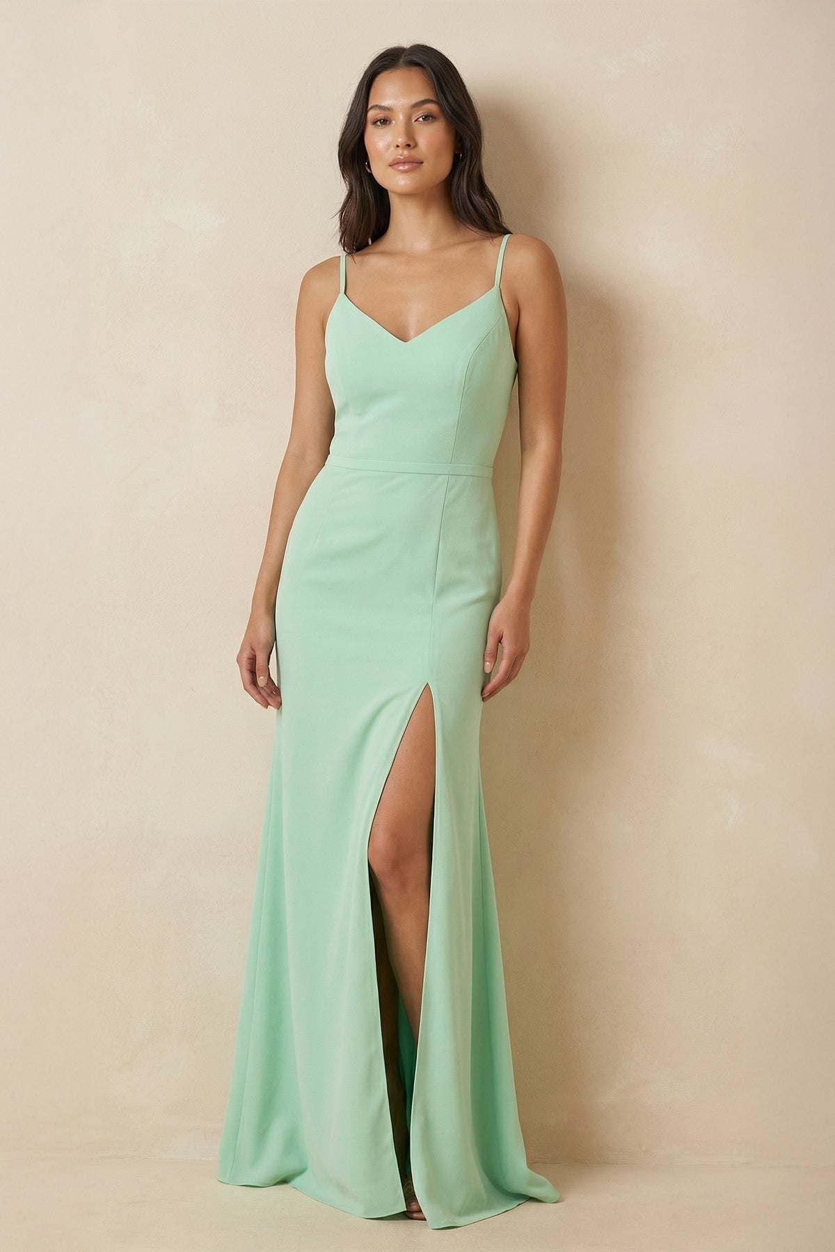 Sheath Cami Strap Chiffon Bridesmaid Dress with Slit in Pale Pistachio