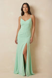 Sheath Cami Strap Chiffon Bridesmaid Dress with Slit in Pale Pistachio