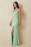 Sheath Cami Strap Chiffon Bridesmaid Dress with Slit in Pale Pistachio