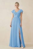 Cap Sleeve A-Line Ruffled Chiffon Bridesmaid Dress in Steel Blue