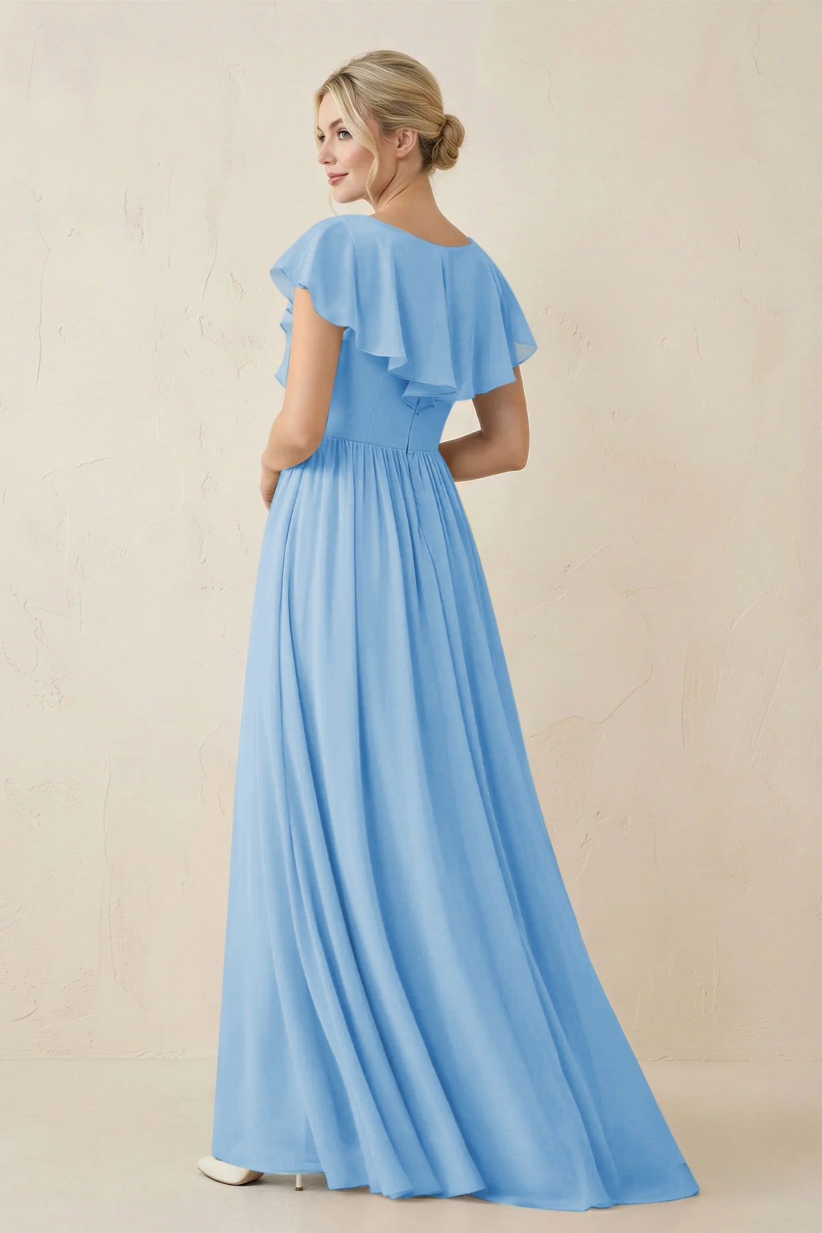 Cap Sleeve A-Line Ruffled Chiffon Bridesmaid Dress in Steel Blue