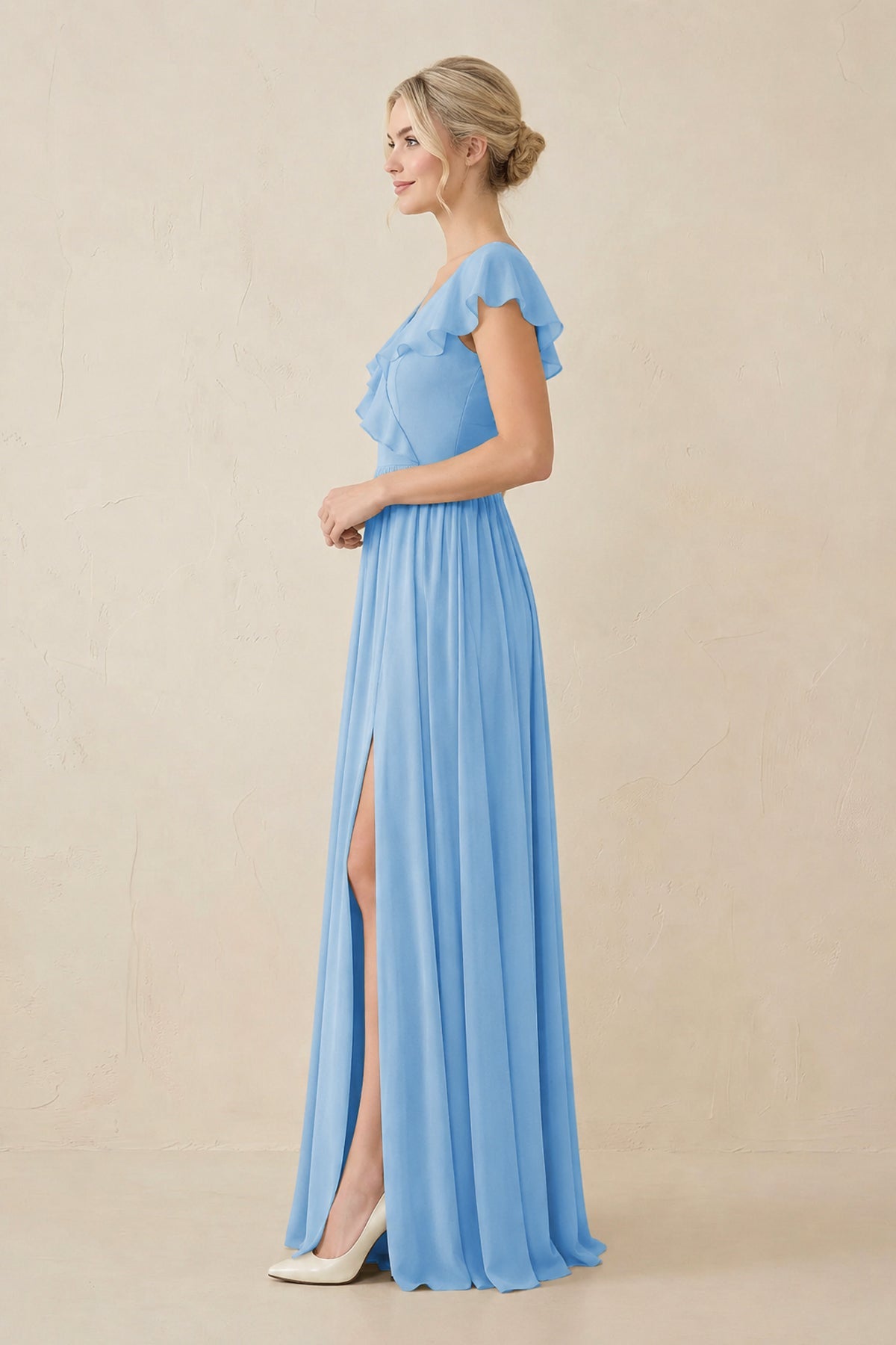 Cap Sleeve A-Line Ruffled Chiffon Bridesmaid Dress in Steel Blue
