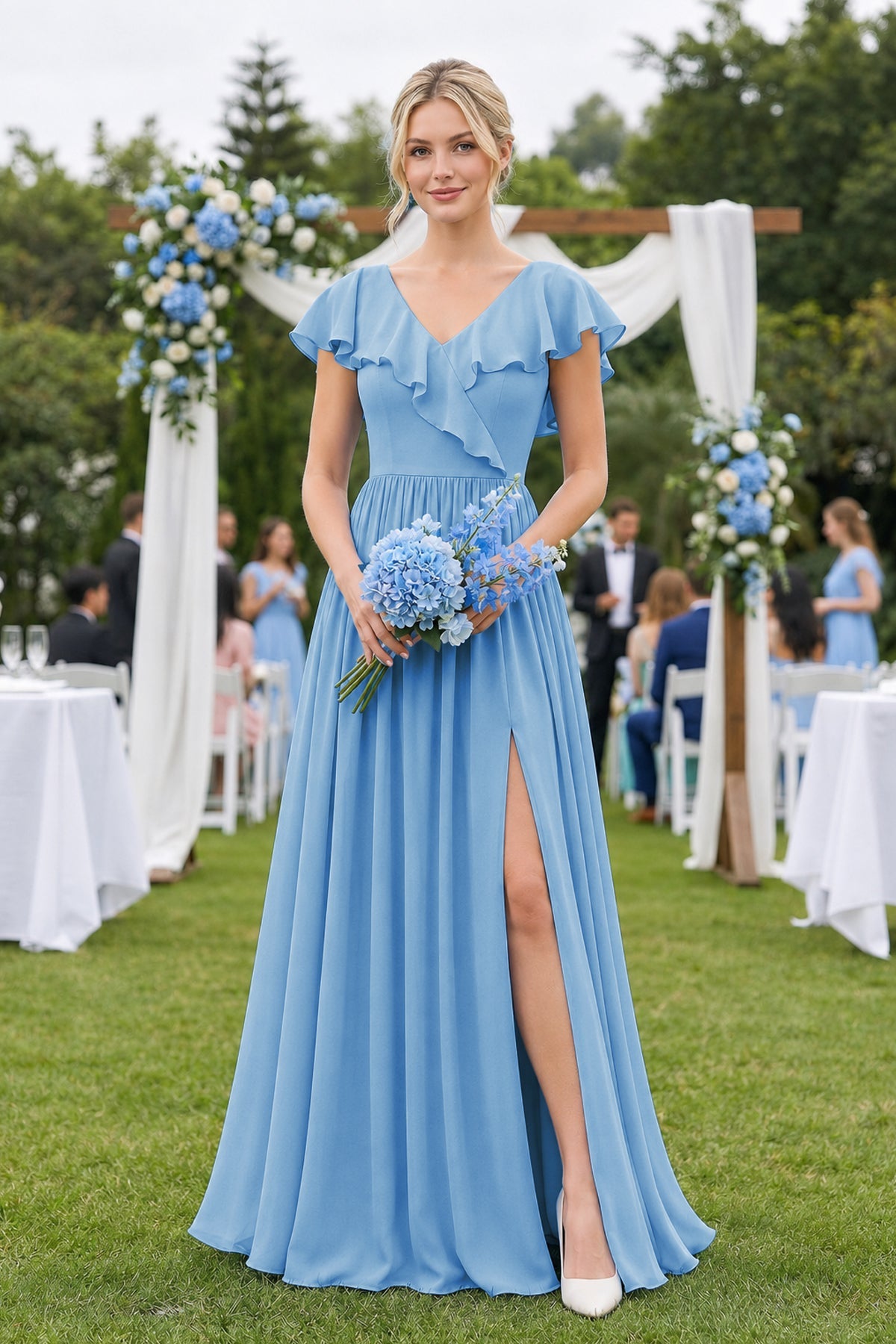 Cap Sleeve A-Line Ruffled Chiffon Bridesmaid Dress in Steel Blue
