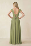 Cap Sleeve Corset A-Line Chiffon Bridesmaid Dress in Moss Green