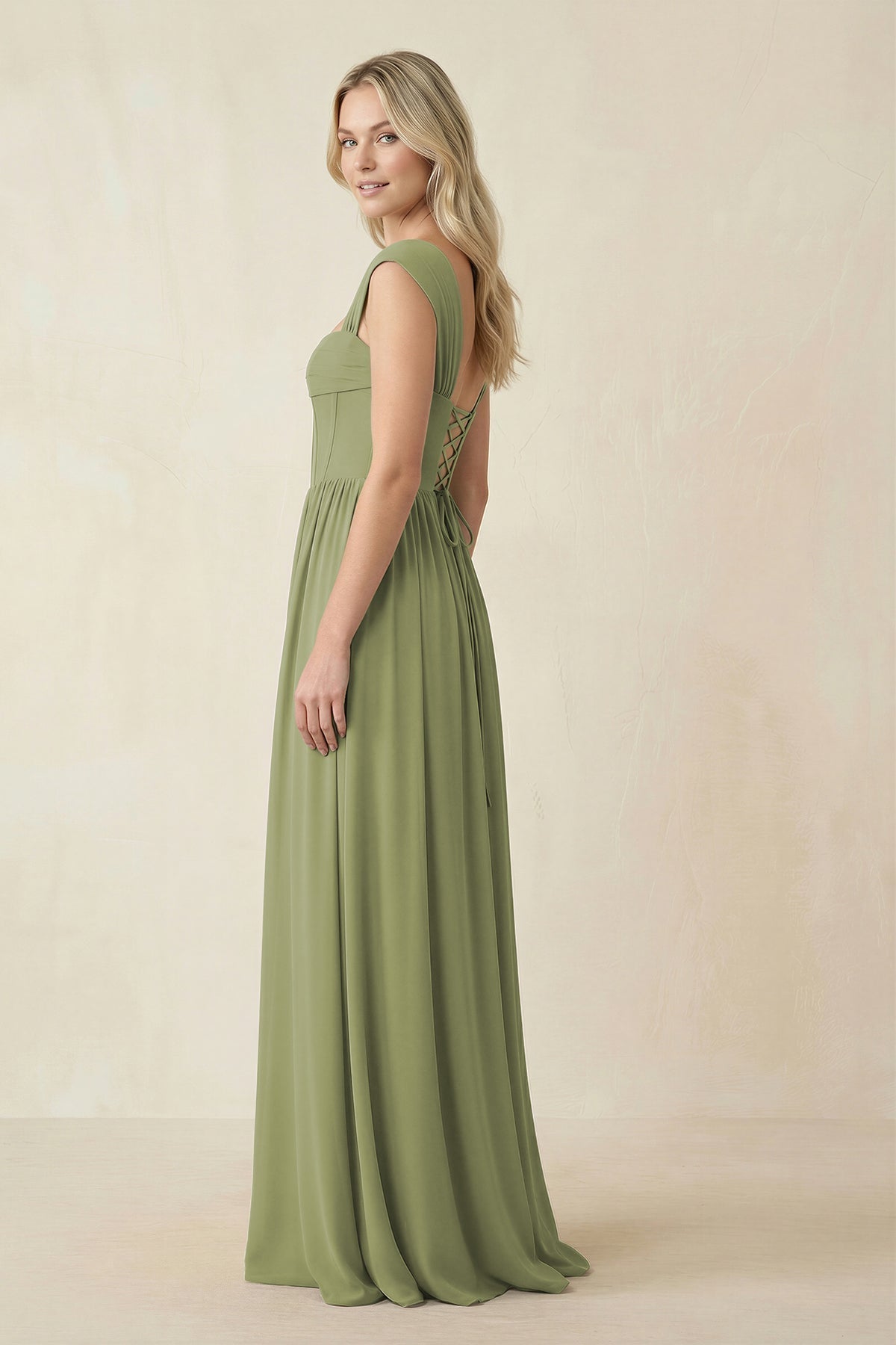 Cap Sleeve Corset A-Line Chiffon Bridesmaid Dress in Moss Green