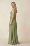 Cap Sleeve Corset A-Line Chiffon Bridesmaid Dress in Moss Green