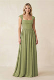 Cap Sleeve Corset A-Line Chiffon Bridesmaid Dress in Moss Green
