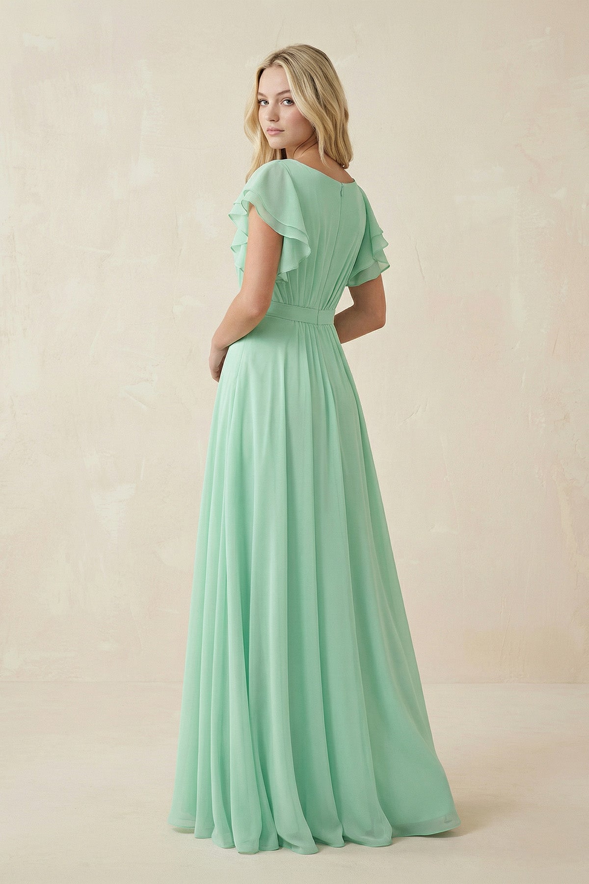 Cap Sleeve Ruffled A-Line Chiffon Bridesmaid Dress in Pale Pistachio