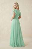 Cap Sleeve Ruffled A-Line Chiffon Bridesmaid Dress in Pale Pistachio