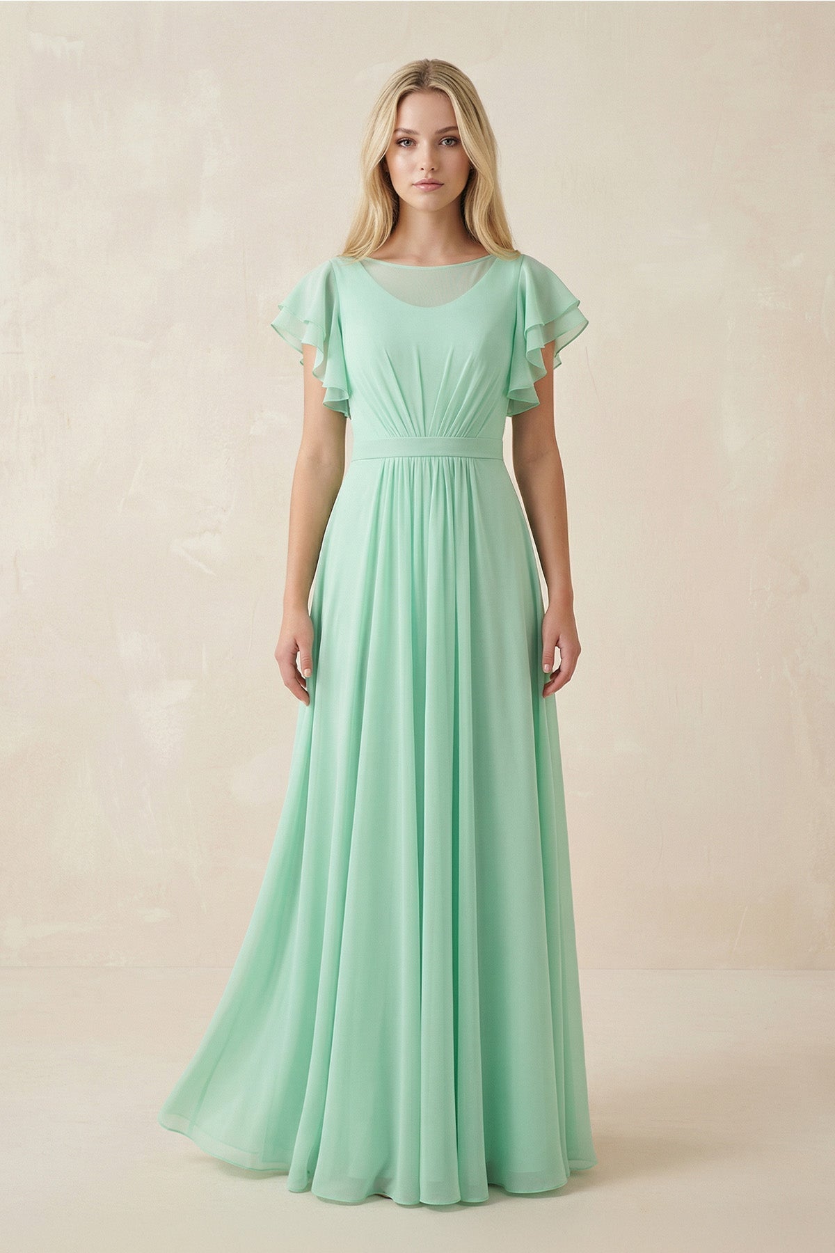 Cap Sleeve Ruffled A-Line Chiffon Bridesmaid Dress in Pale Pistachio