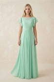 Cap Sleeve Ruffled A-Line Chiffon Bridesmaid Dress in Pale Pistachio