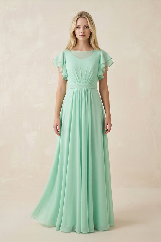 Cap Sleeve Ruffled A-Line Chiffon Bridesmaid Dress in Pale Pistachio