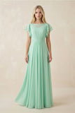 Cap Sleeve Ruffled A-Line Chiffon Bridesmaid Dress in Pale Pistachio