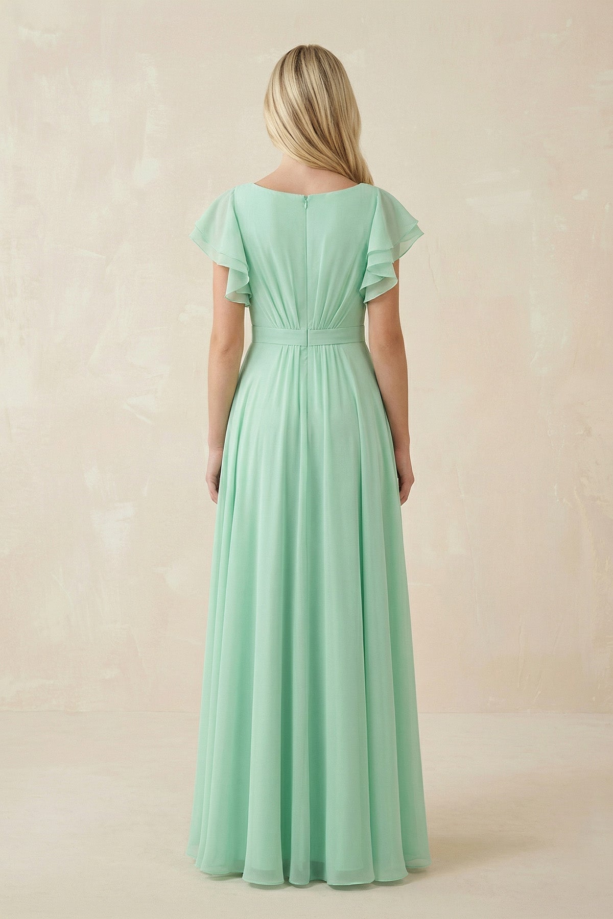 Cap Sleeve Ruffled A-Line Chiffon Bridesmaid Dress in Pale Pistachio
