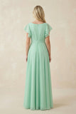 Cap Sleeve Ruffled A-Line Chiffon Bridesmaid Dress in Pale Pistachio