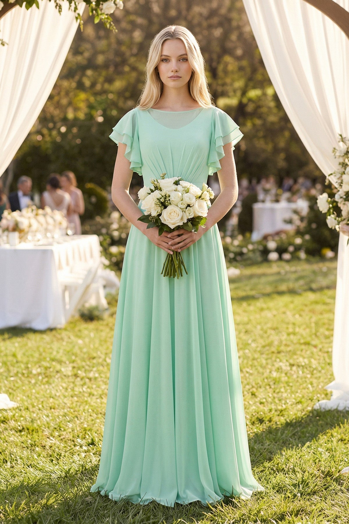 Cap Sleeve Ruffled A-Line Chiffon Bridesmaid Dress in Pale Pistachio