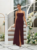 A-Line/Princess Silk like Satin Ruffles Spaghetti Straps Sleeveless Floor-Length Bridesmaid Dresses Evening Dress