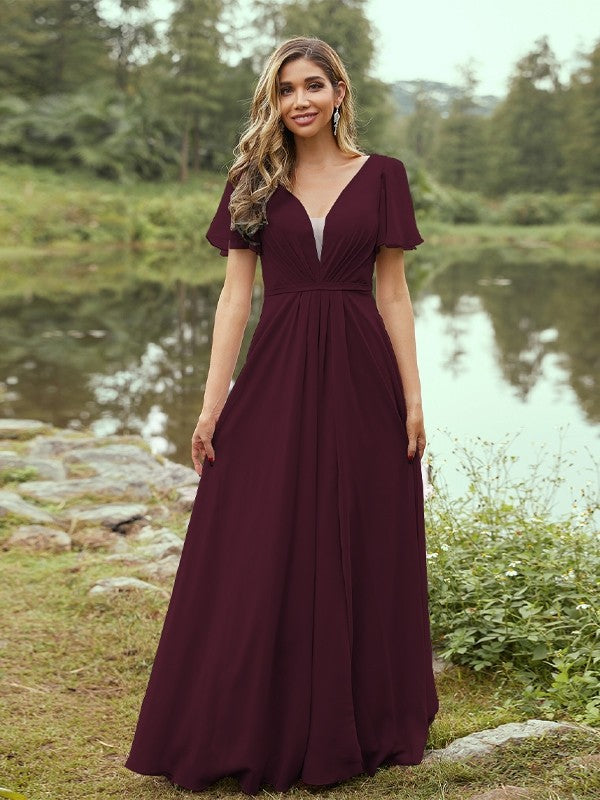 A-Line/Princess Chiffon Ruffles V-neck Short Sleeves Floor-Length Bridesmaid Dresses Evening Prom Dress