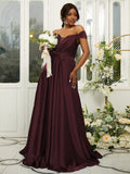 A-Line/Princess Silk like Satin Ruffles Off-the-Shoulder Sleeveless Sweep/Brush Train Bridesmaid Dresses Evening Dress