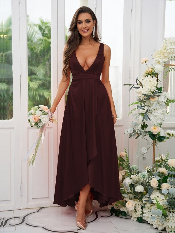A-Line/Princess Silk like Satin Ruffles V-neck Sleeveless Ankle-Length Bridesmaid Dresses Prom Dress