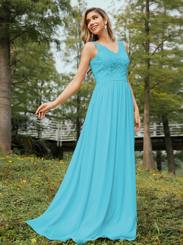A-Line/Princess Chiffon Lace V-neck Sleeveless Floor-Length Bridesmaid Dresses Evening Prom Dress