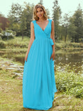 A-Line/Princess Chiffon Ruffles V-neck Sleeveless Floor-Length Bridesmaid Dresses Evening Prom Dress