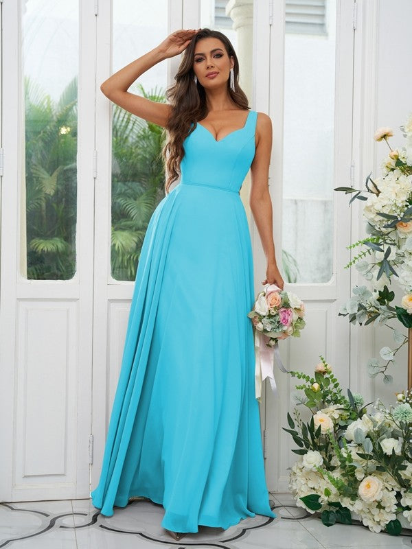 A-Line/Princess Chiffon Ruffles V-neck Sleeveless Floor-Length Bridesmaid Dresses Evening Dress
