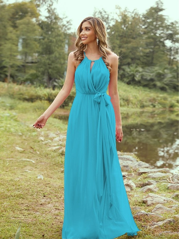 A-Line/Princess Chiffon Ruffles Halter Sleeveless Sweep/Brush Train Bridesmaid Dresses	Evening Prom Dress